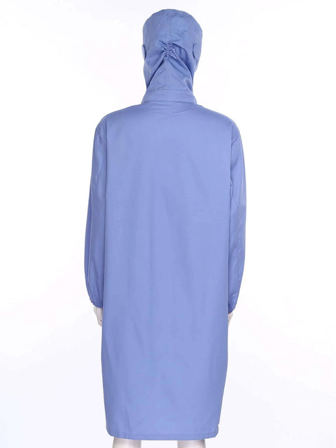 Back view of durable unisex lab coat for men and women with hooded design in blue, 100 percent polyester, medium size for workshop and cleanroom.