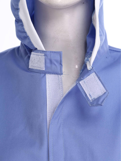 Close-up of durable unisex lab coat for men and women with hooded design in blue 100 percent polyester lab jacket, medium size.