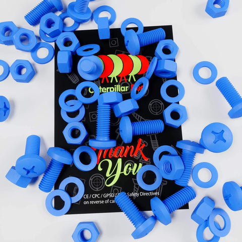 Blue Polypropylene Nuts And Bolts Set M8 x 20mm Pan Head Bolts With Washers 20 Pieces arranged on packaging