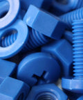 Close-up of blue polypropylene nuts and bolts set M8 x 20mm pan head bolts with washers, 20 pieces.