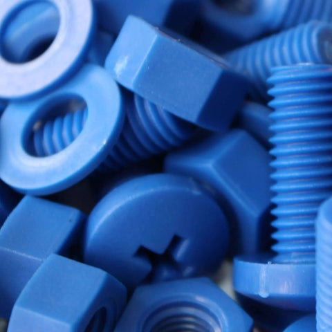 Close-up of blue polypropylene nuts and bolts set M8 x 20mm pan head bolts with washers, 20 pieces.
