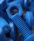 Close-up of Blue Polypropylene Nuts And Bolts Set M8 x 20mm Pan Head Bolts With Washers 20 Pieces showing texture and color.