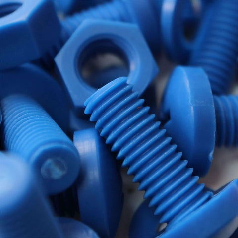 Close-up of Blue Polypropylene Nuts And Bolts Set M8 x 20mm Pan Head Bolts With Washers 20 Pieces showing texture and color.