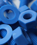 Close-up of Blue Polypropylene Nuts And Bolts Set M8 x 20mm Pan Head Bolts With Washers 20 Pieces