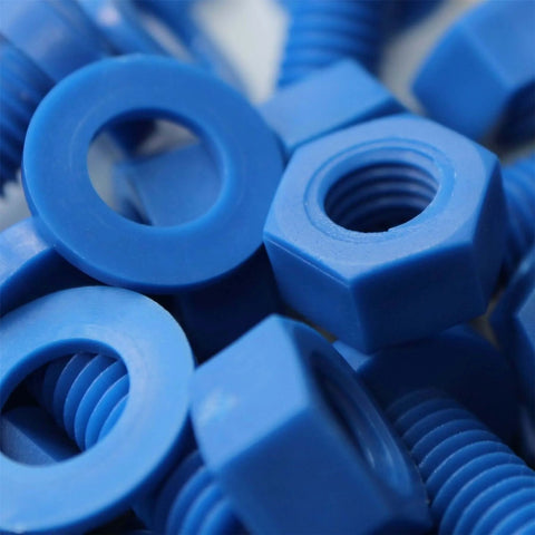 Close-up of Blue Polypropylene Nuts And Bolts Set M8 x 20mm Pan Head Bolts With Washers 20 Pieces