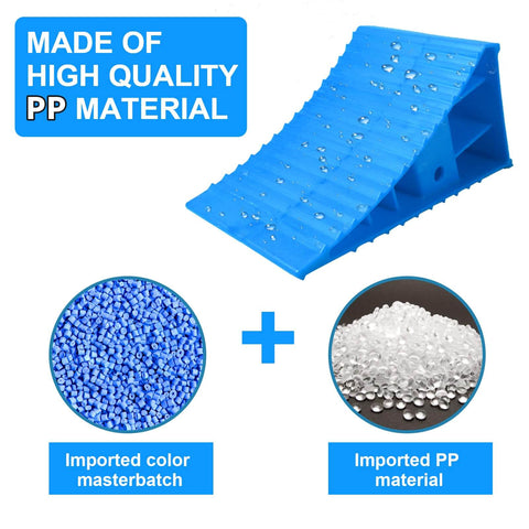 Heavy Duty Wheel Chocks For RV Trailer And Camper 4 Pack Non Slip With Handle Blue Polypropylene Wheel Stoppers For Cars Trucks And Campers LEIDGG Pro, showing blue and white PP material.