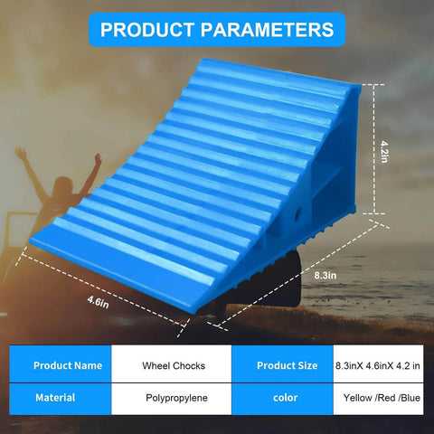 Blue polypropylene heavy duty wheel chock with non-slip base and handle for RV, trailer, camper; product dimensions shown.