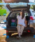 Image showing a parked car with Heavy Duty Wheel Chocks For RV Trailer And Camper 4 Pack Non Slip with Handle Blue Polypropylene Wheel Stoppers in use on grass, ensuring stability.