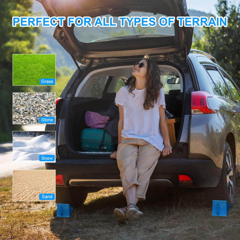 Image showing a parked car with Heavy Duty Wheel Chocks For RV Trailer And Camper 4 Pack Non Slip with Handle Blue Polypropylene Wheel Stoppers in use on grass, ensuring stability.