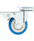 Side view of a 12 Pack 2 Inch Brake Caster Wheels With Swivel Plate Casters In Blue Polyurethane Locking Brakes 50mm Plate 33mm Hole Center 6mm Axle Heavy Duty Swivel Castors For Furniture Carts Equipment And Industrial DIY Use.
