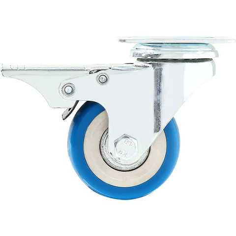 Side view of a 12 Pack 2 Inch Brake Caster Wheels With Swivel Plate Casters In Blue Polyurethane Locking Brakes 50mm Plate 33mm Hole Center 6mm Axle Heavy Duty Swivel Castors For Furniture Carts Equipment And Industrial DIY Use.