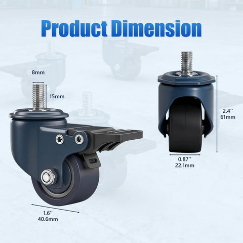 Blue 1.6 Inch Polyurethane Caster Wheels With M8 1.25 Threaded Stem 8mm Diameter 15mm Length Heavy Duty Caster Set Of 4 With Locking Brakes