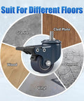 Blue 1.6 Inch Polyurethane Caster Wheels With M8 1.25 Threaded Stem 8mm Diameter 15mm Length Heavy Duty Caster Set Of 4 With Locking Brakes 450 Lb Capacity For Furniture Carts And DIY Projects shown with compatibility for various floor types: granite, clad plate, wood, cement, and vinyl floors