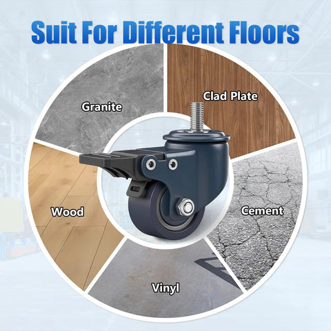 Blue 1.6 Inch Polyurethane Caster Wheels With M8 1.25 Threaded Stem 8mm Diameter 15mm Length Heavy Duty Caster Set Of 4 With Locking Brakes 450 Lb Capacity For Furniture Carts And DIY Projects shown with compatibility for various floor types: granite, clad plate, wood, cement, and vinyl floors
