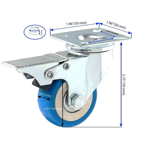12 Pack 2 Inch Brake Caster Wheels With Swivel Plate Casters In Blue Polyurethane Locking Brakes 50mm Plate 33mm Hole Center 6mm Axle Heavy Duty Swivel Castors For Furniture Carts Equipment And Industrial DIY Use with blue polyurethane wheel and locking brake
