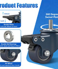 Blue 1.6 Inch Polyurethane Caster Wheels With M8 1.25 Threaded Stem 8mm Diameter 15mm Length Heavy Duty Caster Set Of 4 With Locking Brakes 450 Lb Capacity For Furniture Carts And DIY Projects, featuring swivel plate and double brakes
