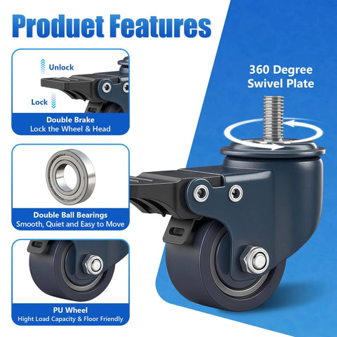Blue 1.6 Inch Polyurethane Caster Wheels With M8 1.25 Threaded Stem 8mm Diameter 15mm Length Heavy Duty Caster Set Of 4 With Locking Brakes 450 Lb Capacity For Furniture Carts And DIY Projects, featuring swivel plate and double brakes