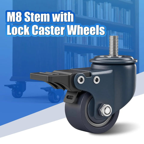 Blue 1.6 Inch Polyurethane Caster Wheels With M8 1.25 Threaded Stem 8mm Diameter 15mm Length Heavy Duty Caster Set Of 4 With Locking Brakes 450 Lb Capacity For Furniture Carts And DIY Projects.