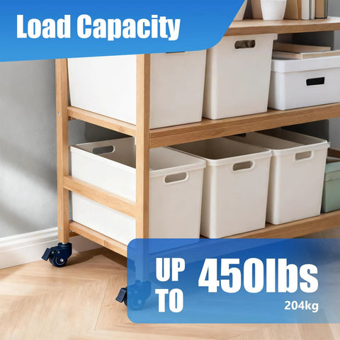 Shelf with boxes on blue 1.6 inch polyurethane caster wheels with M8 1.25 threaded stem 8mm diameter 15mm length heavy duty caster set