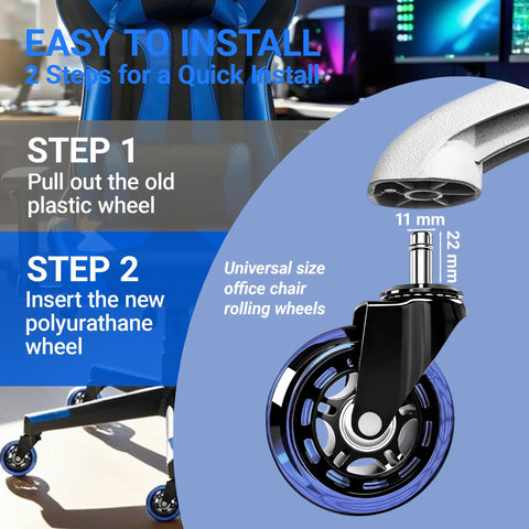 Installation guide for Heavy Duty Rubber Chair Casters Set Of 5 3 Inch Universal Fit 11 Mm By 22 Mm Wheels For Hardwood Floors Carpet and Tile Protection.
