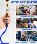Wide application of Six Pack 25 Foot Polyurethane Recoil Air Hose With One Quarter Inch Quick Connect And Plug Bend Restrictor Anti Twist Coil Line For Home Garage Or Workshop Blue, showing use with air compressor and blow gun.