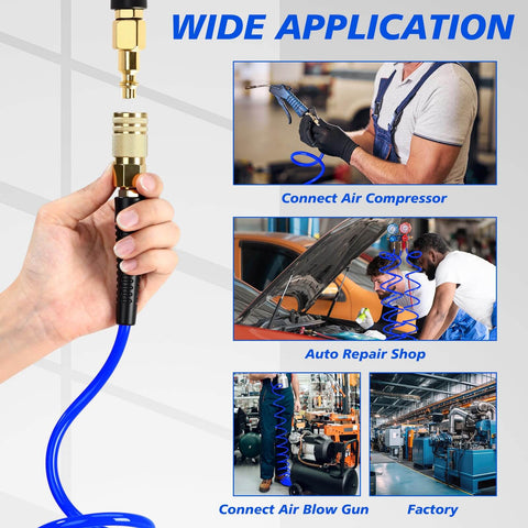 Wide application of Six Pack 25 Foot Polyurethane Recoil Air Hose With One Quarter Inch Quick Connect And Plug Bend Restrictor Anti Twist Coil Line For Home Garage Or Workshop Blue, showing use with air compressor and blow gun.