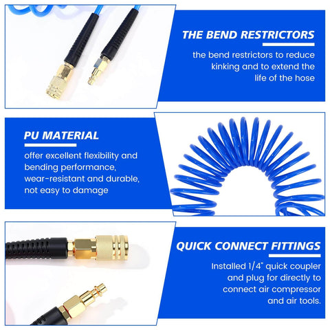 Image showing the Six Pack 25 Foot Polyurethane Recoil Air Hose With One Quarter Inch Quick Connect And Plug Bend Restrictor Anti Twist Coil Line For Home Garage Or Workshop Blue highlighting features such as bend restrictors and quick connect fittings.