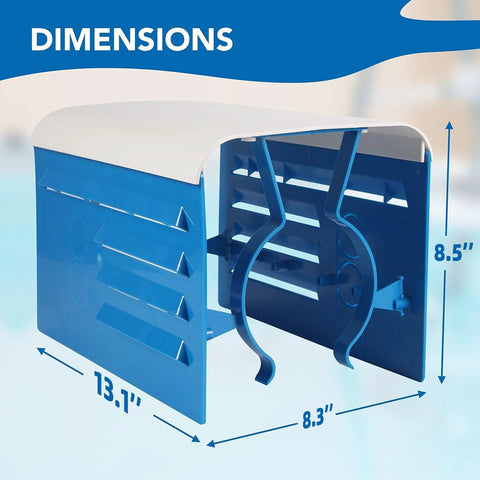 Universal Pool Pump Motor Cover With Adjustable Fit For 1/3 To 2 HP Motors, Durable Hard Plastic, dimensions labeled, blue color
