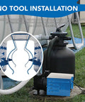 Universal Pool Pump Motor Cover With Adjustable Fit For 1/3 To 2 HP Motors in use, blue hard plastic, easy no-tool installation
