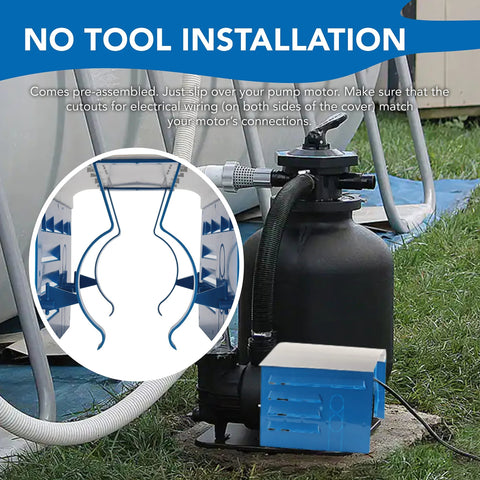Universal Pool Pump Motor Cover With Adjustable Fit For 1/3 To 2 HP Motors in use, blue hard plastic, easy no-tool installation