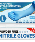 Packaging of Powder Free Nitrile Exam Gloves 4.5 Mil Blue Large 100 Pcs Latex Free Food Safe with gloved hand close-up.