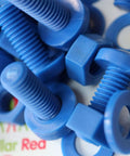 Close-up of Blue Polypropylene Nuts And Bolts Set M8 x 20mm Pan Head Bolts With Washers 20 Pieces showing detailed threads and washers