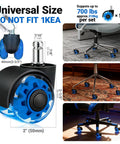 Heavy Duty 2 Inch Rubber Chair Casters Set Of 5 With Clear Polyurethane Wheels For Smooth Rolling On Hardwood Carpet And Tile Floors Universal 11 By 22 Mm Fit Ideal Replacement For Office And Gaming Desk Chairs Gentle On Floors shown across various floor types.