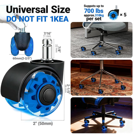 Heavy Duty 2 Inch Rubber Chair Casters Set Of 5 With Clear Polyurethane Wheels For Smooth Rolling On Hardwood Carpet And Tile Floors Universal 11 By 22 Mm Fit Ideal Replacement For Office And Gaming Desk Chairs Gentle On Floors shown across various floor types.