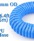 Close-up of a Blue PU Hose, 8mm OD, 16.4ft (5m) length, compatible with Heavy Duty Air Blow Gun Kit With Sixteen Foot Pneumatic Hose One Quarter Inch Quick Connect And Six Millimeter Outer Diameter For Auto Shops Garages Workshops And Industrial Cleanups For Rapid Dust And Debris Removal.