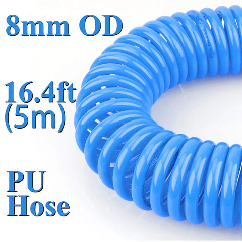 Close-up of a Blue PU Hose, 8mm OD, 16.4ft (5m) length, compatible with Heavy Duty Air Blow Gun Kit With Sixteen Foot Pneumatic Hose One Quarter Inch Quick Connect And Six Millimeter Outer Diameter For Auto Shops Garages Workshops And Industrial Cleanups For Rapid Dust And Debris Removal.