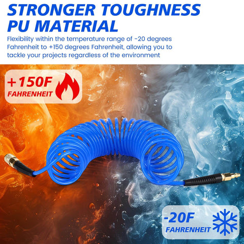 Blue Six Pack 25 Foot Polyurethane Recoil Air Hose With One Quarter Inch Quick Connect And Plug Bend Restrictor Anti Twist Coil Line