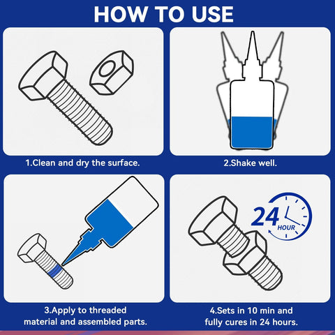 Instructions to use Blue And Red Thread Locker Kit, Medium And High Strength Thread Lock For Nuts Bolts And Metal Fasteners, 50 Ml Each, Pack Of 2