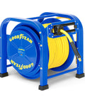 Blue retractable air hose reel with yellow 3/8 inch by 100 feet hose, steel spring driven frame, Goodyear branding visible