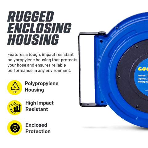 Retractable Hose Reel With 3/8 Inch By 65 Foot Premium Hybrid Polymer Hose, Heavy Duty Spring Driven, Polypropylene Case