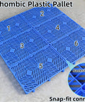 6-Piece Rhombic Plastic Pallet With Breathable Grid Ventilation For Interlocking Splice, textured blue surface, snap-fit connection