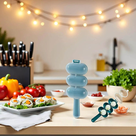 Rice Ball Maker Shake And Mold Kit for home sushi on kitchen counter with vegetables and sushi rolls.