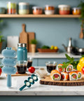Kitchen scene with Rice Ball Maker Shake And Mold Kit For Home Sushi Creating Uniform Sized Rice Balls and sushi platter.