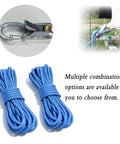 Two blue ropes with carabiner clips, showcasing versatile uses and combination options for securing items outdoors.