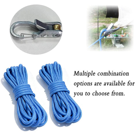 Two blue ropes with carabiner clips, showcasing versatile uses and combination options for securing items outdoors.