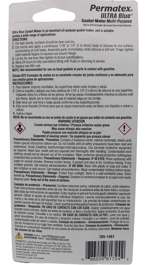 Back view of Ultra Blue Multipurpose RTV Silicone Gasket Maker, 3.35 oz Tube, with instructions and safety warnings visible.