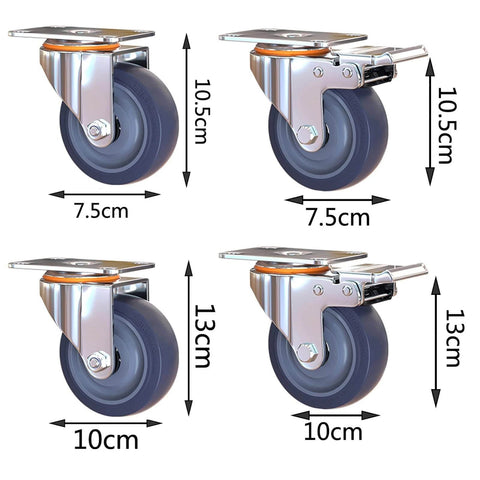 Heavy Duty Blue Rubber Caster Wheels Set with Brakes, Industrial Swivel Plate Castors for Trolleys & Furniture, side view with dimensions