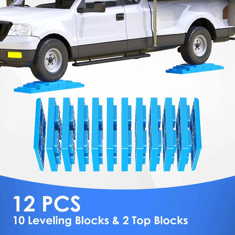 Heavy Duty RV Leveling Blocks 12 Pack With Interlocking Design And Packing Bag For Camper Leveling Stackable Blocks For Single Or Dual Wheels Blue Adjustable 1 Inch Height Increments In Pyramid Style