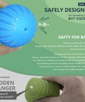 Textured blue sensory ball for babies, shown with safety information emphasizing no choking hazards, compared to another brand.