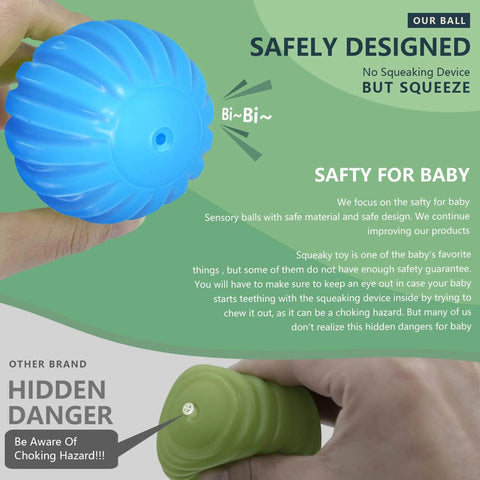 Textured blue sensory ball for babies, shown with safety information emphasizing no choking hazards, compared to another brand.